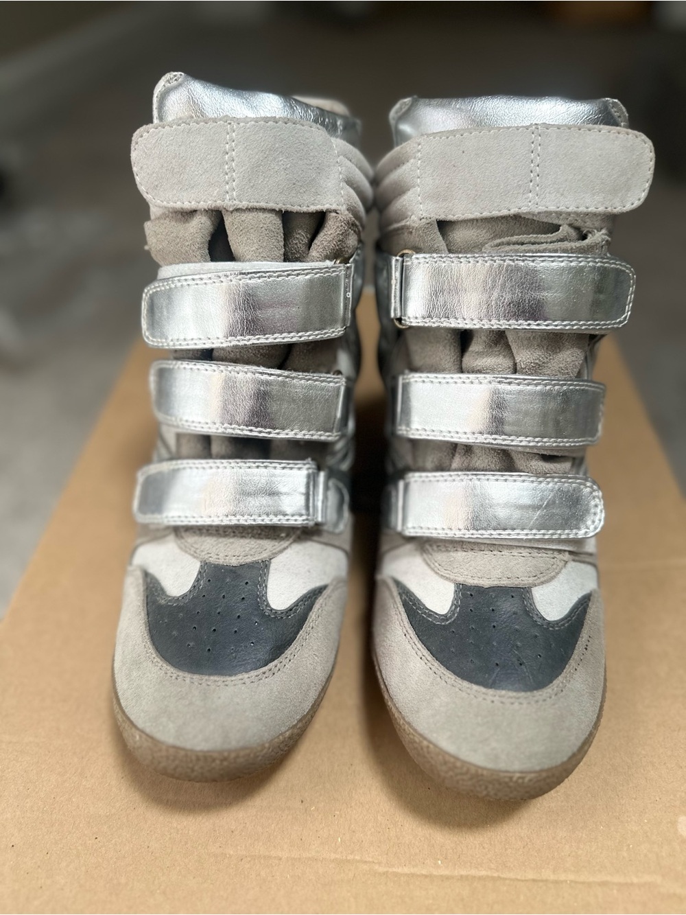 Steve Madden Silver, Tan, Crème, and Navy High-Top Velcro Sneakers